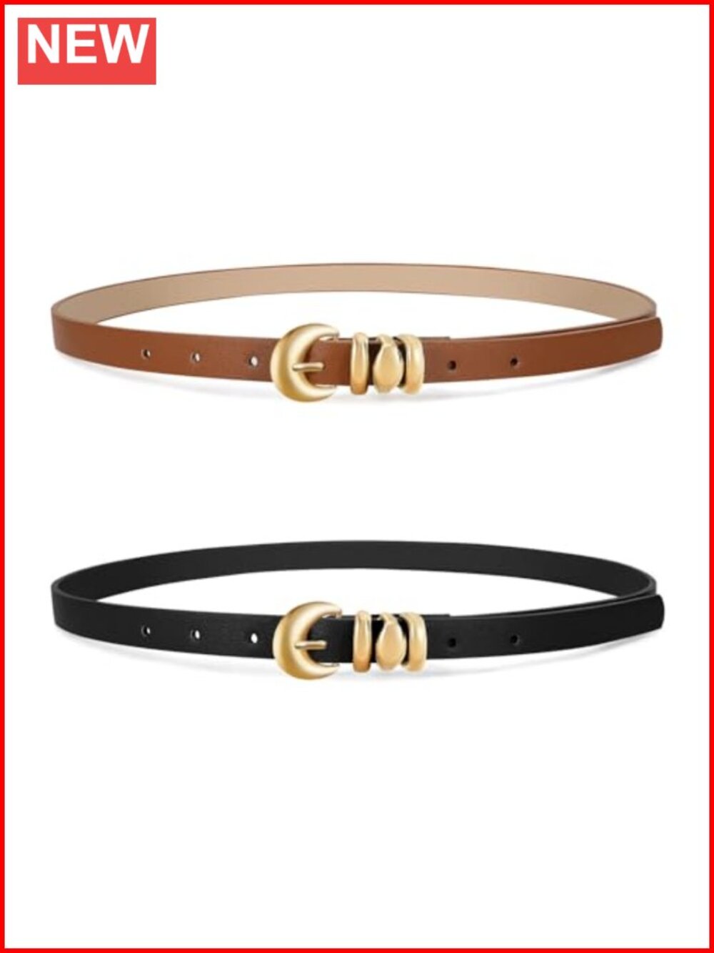 2 Pack Women's Skinny Faux Leather Belts Thin Waist Belt Gold Buckle